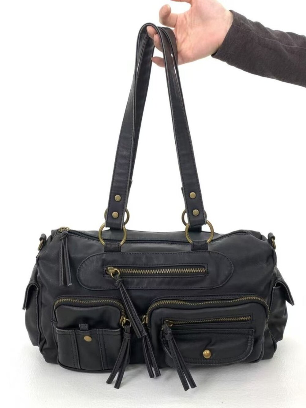 Y2K Black Moto Cargo Duffel Bag | Grunge Multi-Pocket Crossbody Shoulder Purse